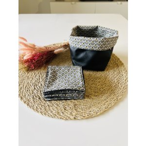 Panière en simili cuir + 7 lingettes démaquillante - simili cuir noir / Eventails gris